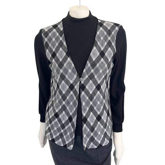 Vintage Sweaters - VTG 70s ALFRED DUNNER Ribbed Mockneck Sweater Argyle Plaid Vest Combo SZ SP